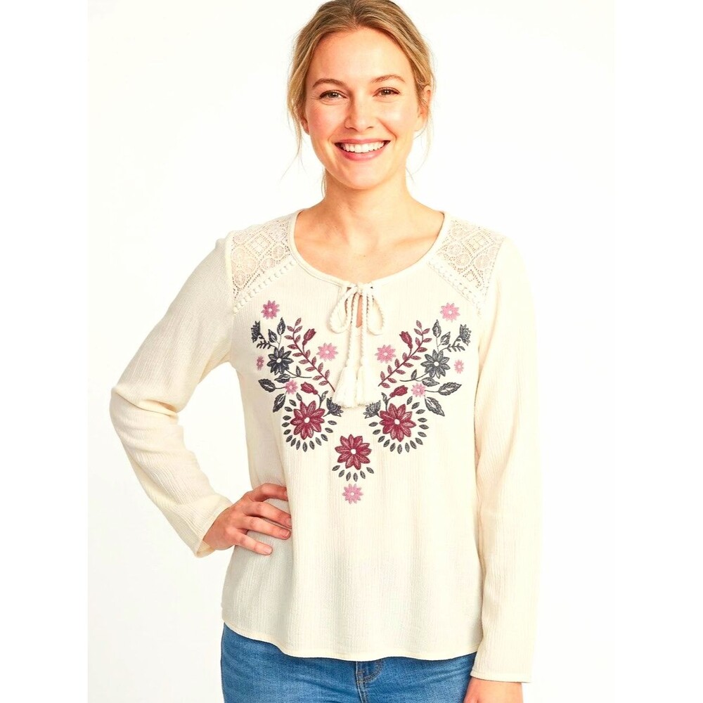 Womens Peasant Top XL Ivory Floral Embroidered Lace Tasseltie LS Fairie Boho
